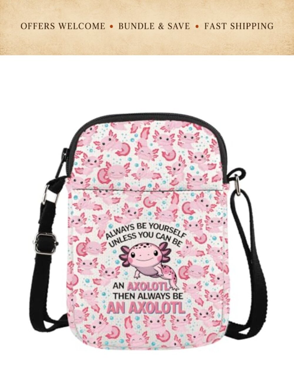 Axolotl Print Crossbody Bag Canvas Waterproof Adjustable Strap
